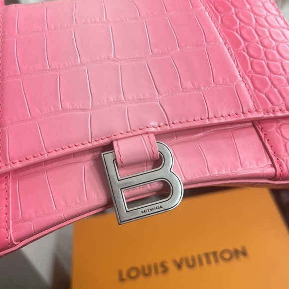 BALENCIAGA HOURGLASS CROCODILE EMBOSSED PINK HANDBAG - Picture 5 of 9